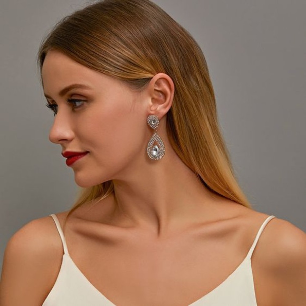 Silver Rhinestone Tear Drop Earrings - Picture 2 of 3